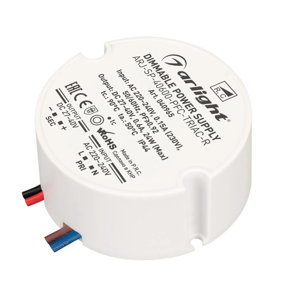 Блок питания ARJ-SP-40600-PFC-TRIAC-R (24W, 27-40V, 600mA) (Arlight, IP44 Пластик, 5 лет) 040965