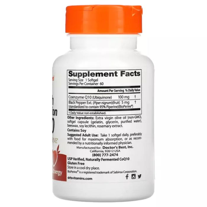 Коэнзим Q10 с высокой абсорбцией с биоперином 100 мг, High Absorption CoQ10, Doctor&#39;s Best, 60 вегетарианских капсул 2