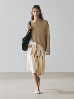 Massimo Dutti Свитер из смесового хлопка с ажурным узором, светло-коричневый