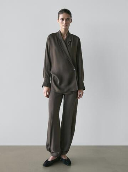 Massimo Dutti Свободные брюки-саруэль, серо-зеленый