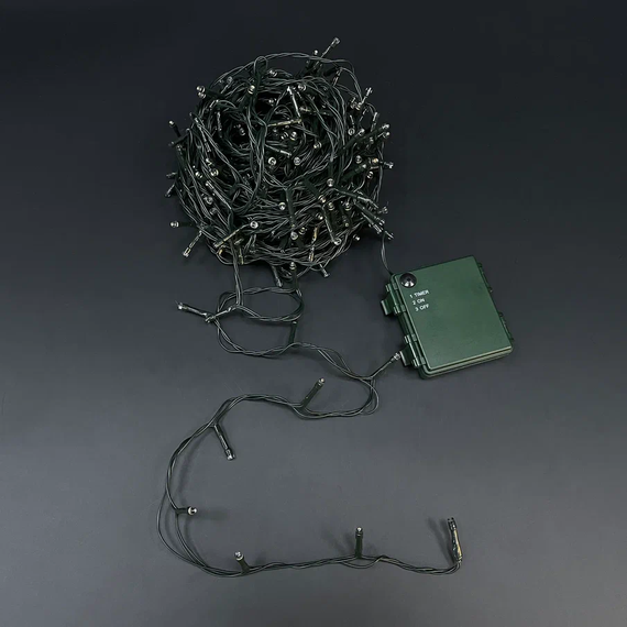 Светодиодная нить String Light 192 теплых ламп, 14.4 м., на батарейках, таймер, зеленый провод, Luca (83790)