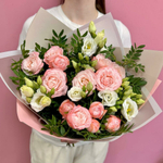 Букет из кустовой пионовидной розы, эустомы и зелени фисташки купить с доставкой