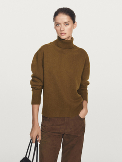 Massimo Dutti Свитер из смесовой шерсти с высоким воротником, светлый хаки