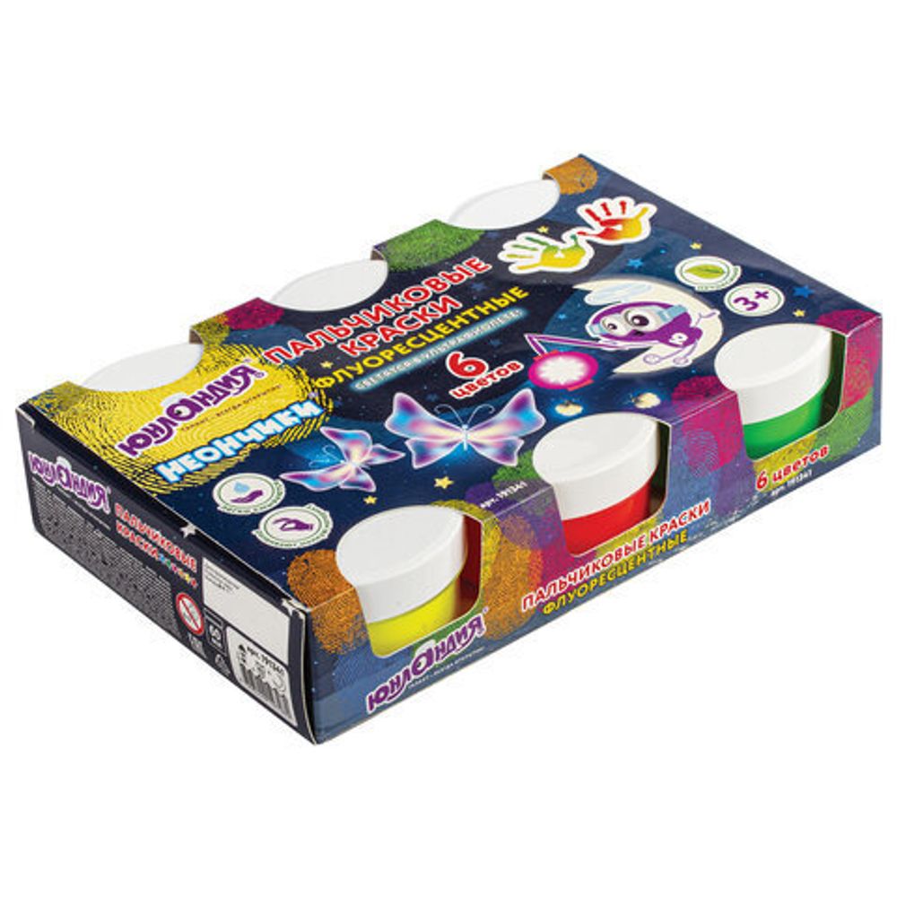 Краски пальчиковые флуоресцентные ЮНЛАНДИЯ "НЕОНЧИКИ", 6 цветов по 60 мл, в баночках, 191341