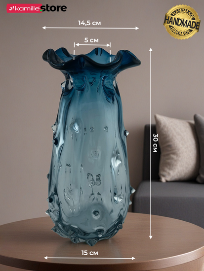 Ваза для цветов 30 см. стеклянная с шипами и горлышком "Волна"