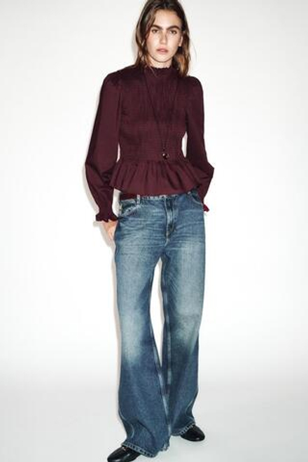 ZARA РУБАШКА С ЖАТЫМ ЭФФЕКТОМ, БУРГУНДИ