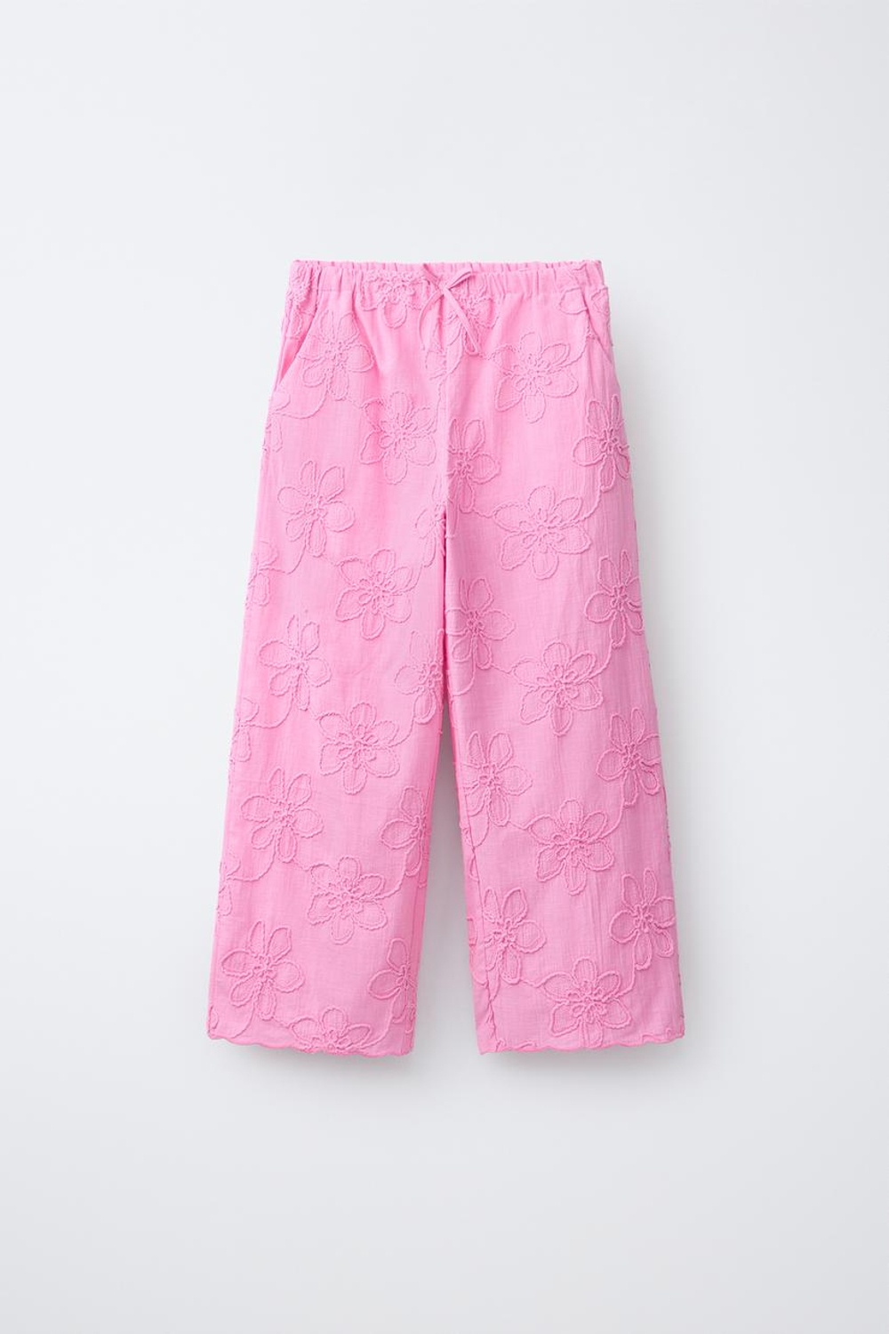 ZARA БРЮКИ WIDE LEG С ВЫШИВКОЙ ЦВЕТОВ, МЯГКИЙ РОЗОВЫЙ