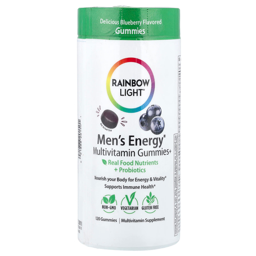 Rainbow Light, жевательные мультивитамины для повышения уровня энергии для мужчин, со вкусом голубики, 120 жевательных таблеток
