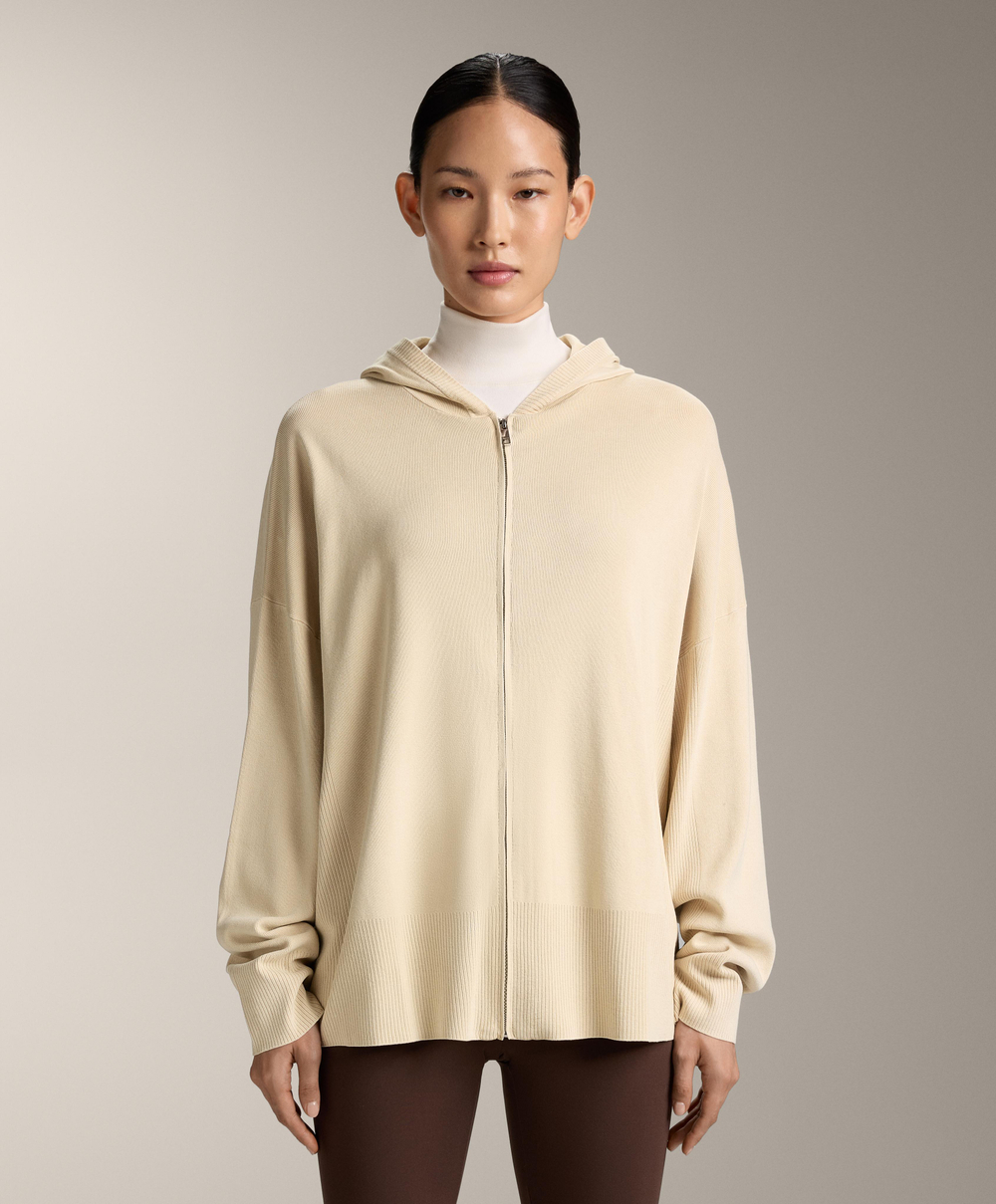 Oysho Длинная вязаная куртка с капюшоном, бежевый