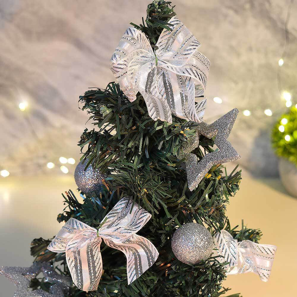 Елка настольная 30см в серебристой корзинке, с украшениями, МВ-19В1203М