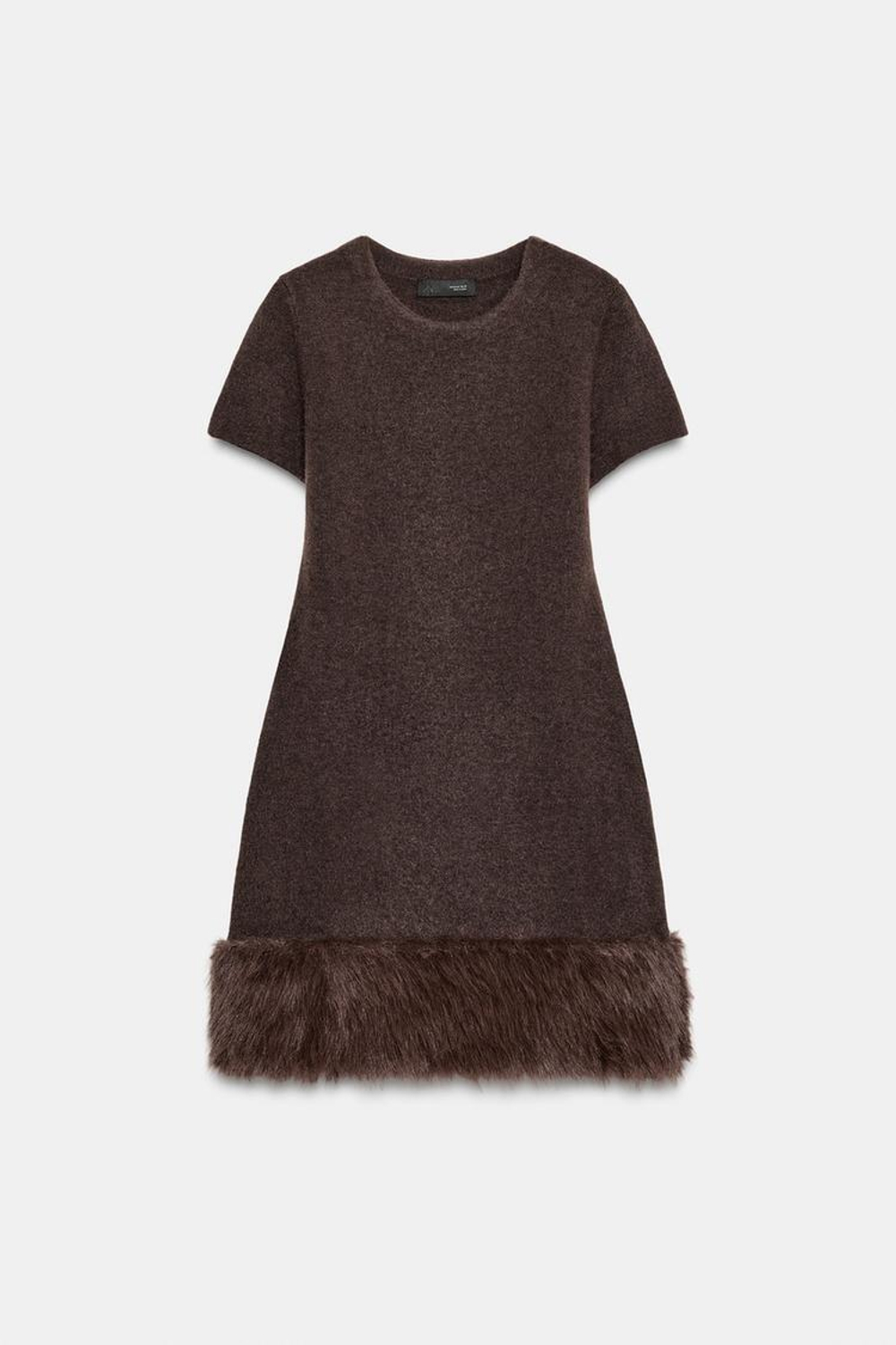 ZARA ТРИКОТАЖНОЕ КОМБИНИРОВАННОЕ ПЛАТЬЕ С ЭФФЕКТОМ МЕХА, КОРИЧНЕВЫЙ