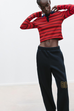 ZARA СВИТЕР В ПОЛОСКУ С ВОРОТНИКОМ ПОЛО, КРАСНЫЙ