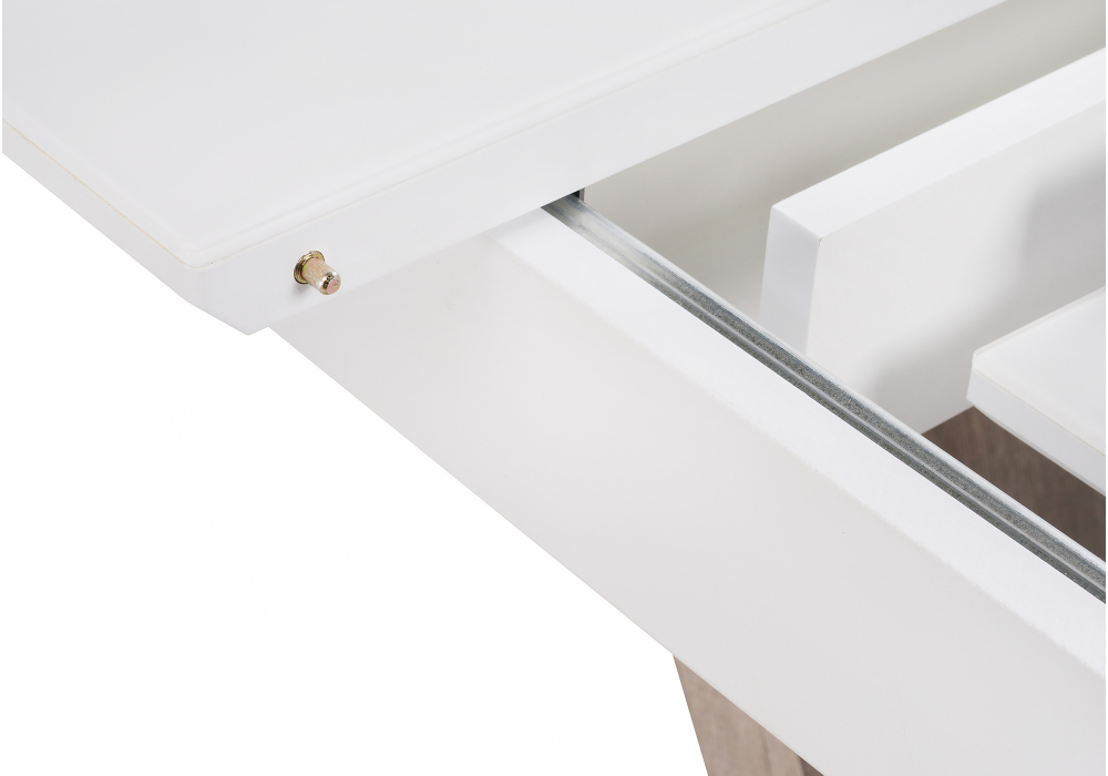 Стол стеклянный Woodville на тумбе Петир белая шагрень, дуб с пилением