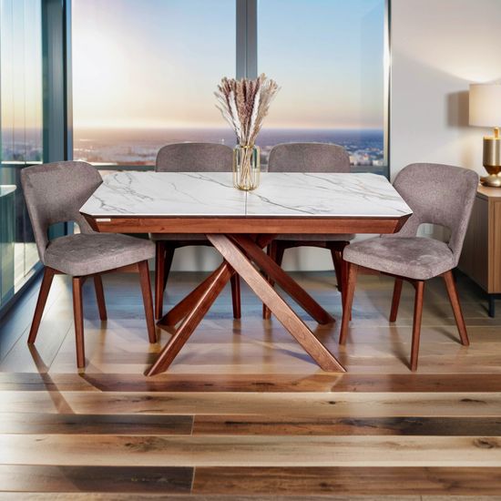 Комплект Стол BEZZO 1400 RRC / 4 стула VRN-SW вращающийся Бежевый / Американский орех