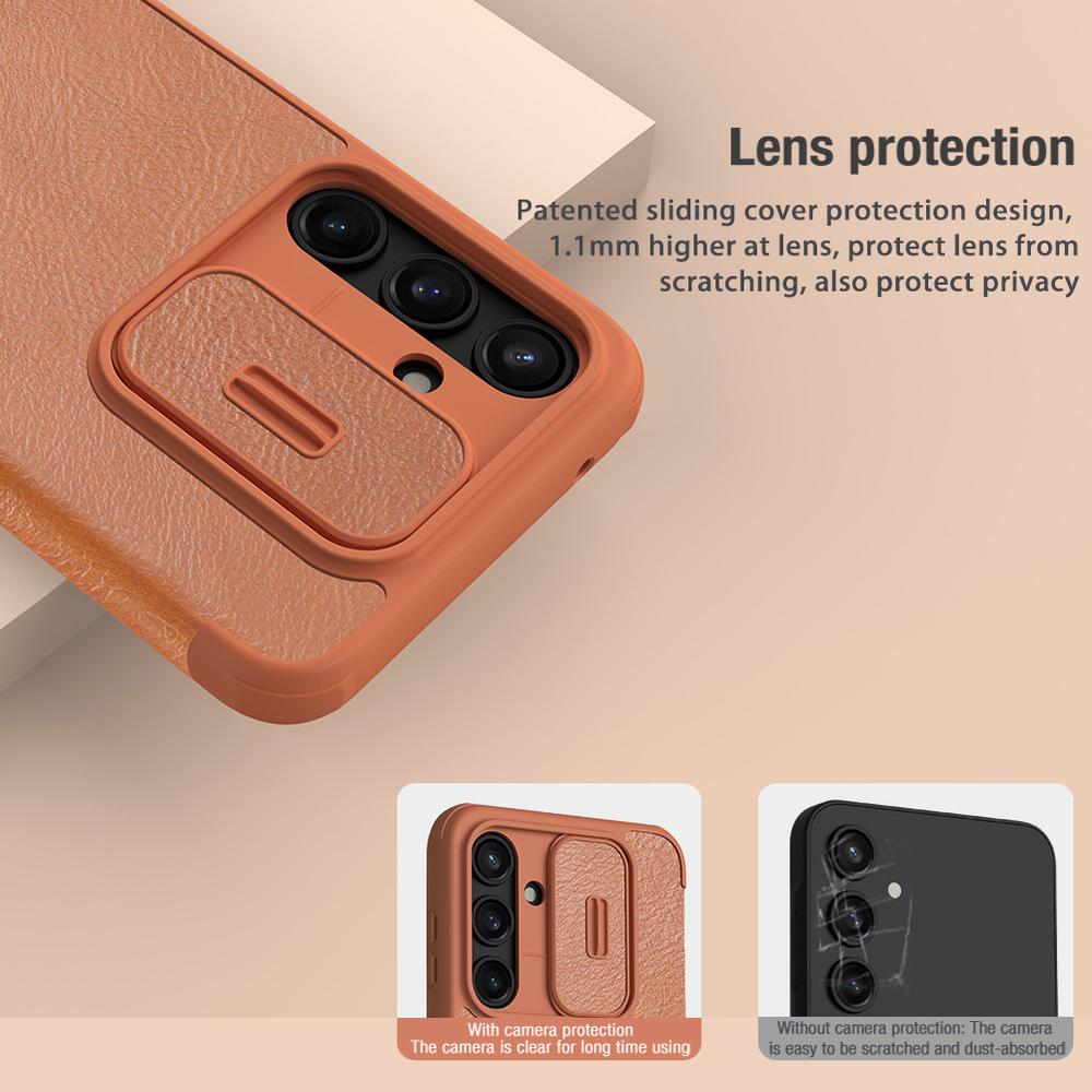 Кожаный чехол книжка коричневого цвета от Nillkin для Samsung Galaxy A55 5G, серия Qin Pro Leather с защитной шторкой для камеры