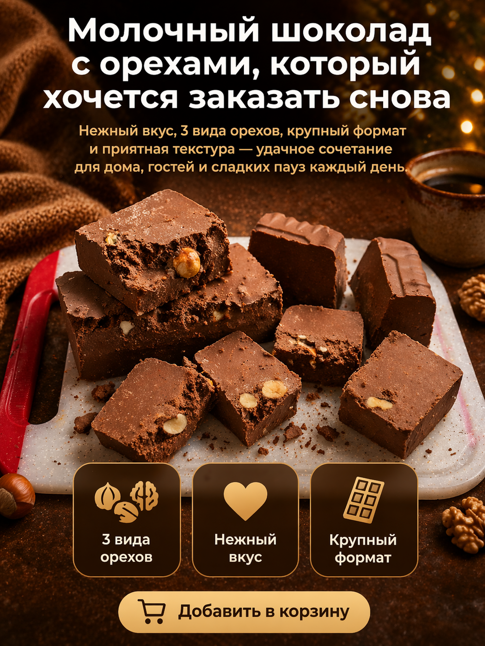 Шоколад молочный в брикетах с орехами ассорти, фундук, миндаль, грецкий орех