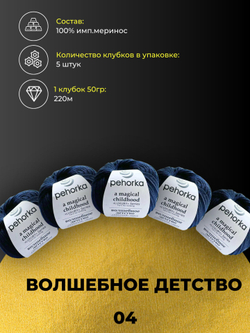 Волшебное детство Пехорка 100% имп.меринос 5х50г/220м (004-Т.Синий)