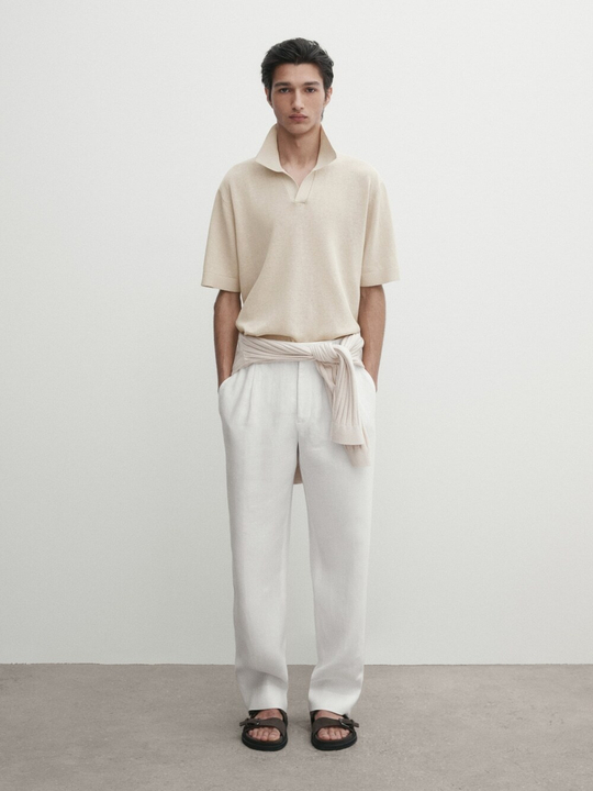 Massimo Dutti Трикотажное поло с короткими рукавами, бежевый