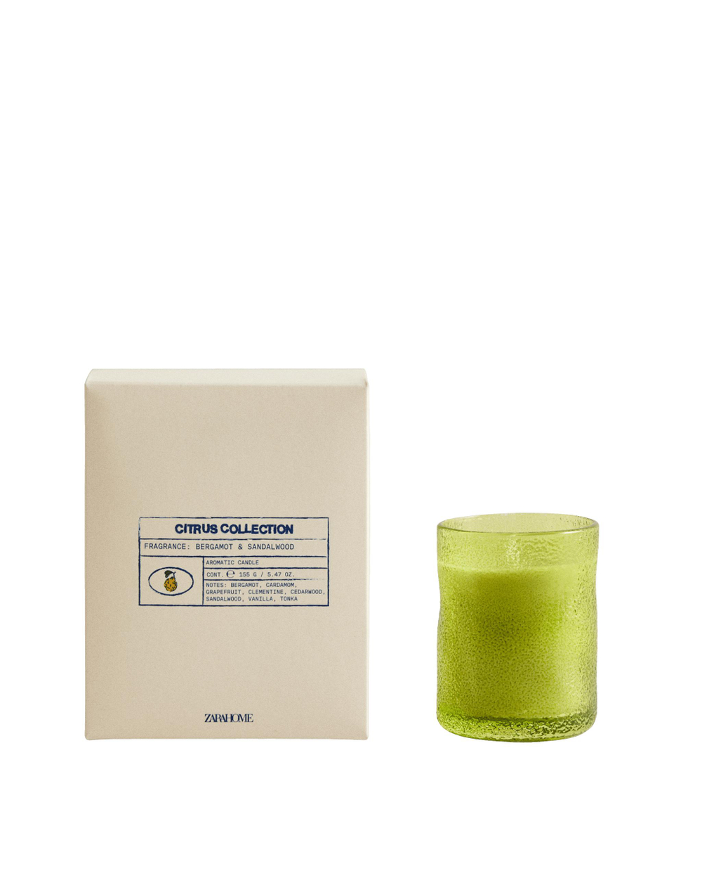 Zara Home Свеча ароматическая BERGAMOT & SANDALWOOD 155 г, растительный воск, аромат древесный, Зелёный