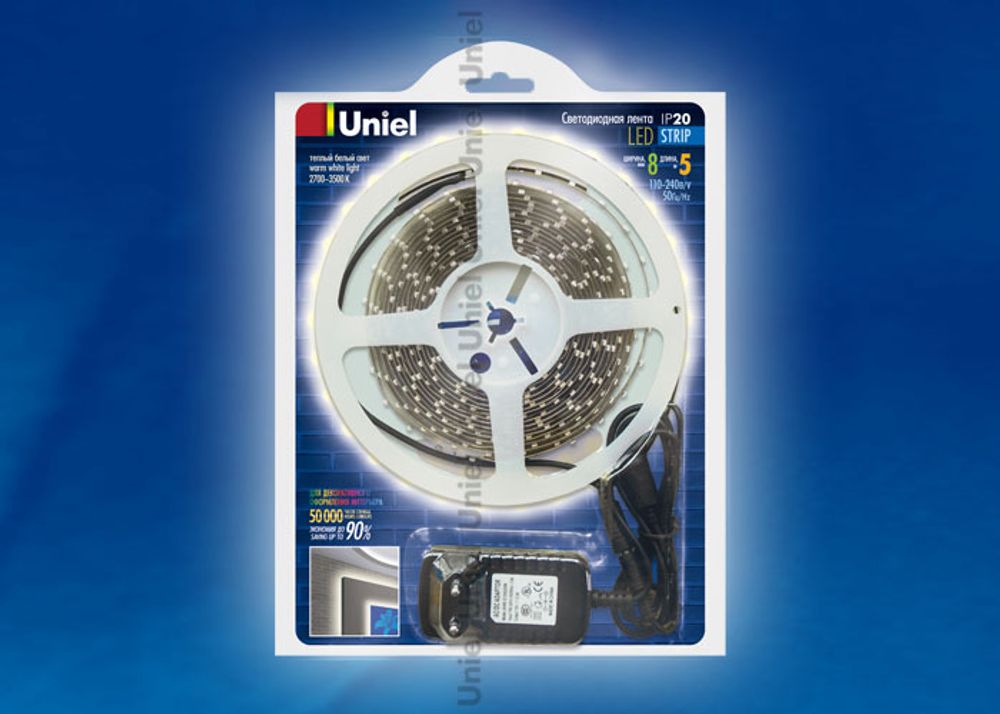 ULS-3528-60LED/m-8mm-IP54-DC12V-WW Лента светодиодная UNIEL. Серия «Готовые решения» - катушка 5 м в блистере. В комплекте с адаптером. IP54. Теплый б