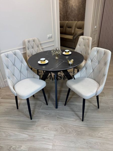 Стол «Бонжур» в расцветке «Чёрный мрамор» + стулья «Лондон», «Сорренто», «Шелл» и «Версаль» — идеальное сочетание для обеденной зоны!