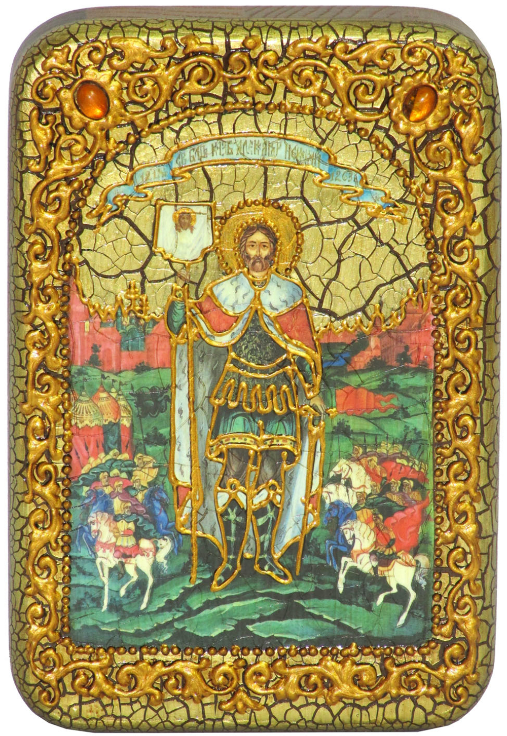 Инкрустированная Икона Святой благоверный князь Александр Невский 15х10см на натуральном дереве, в подарочной коробке