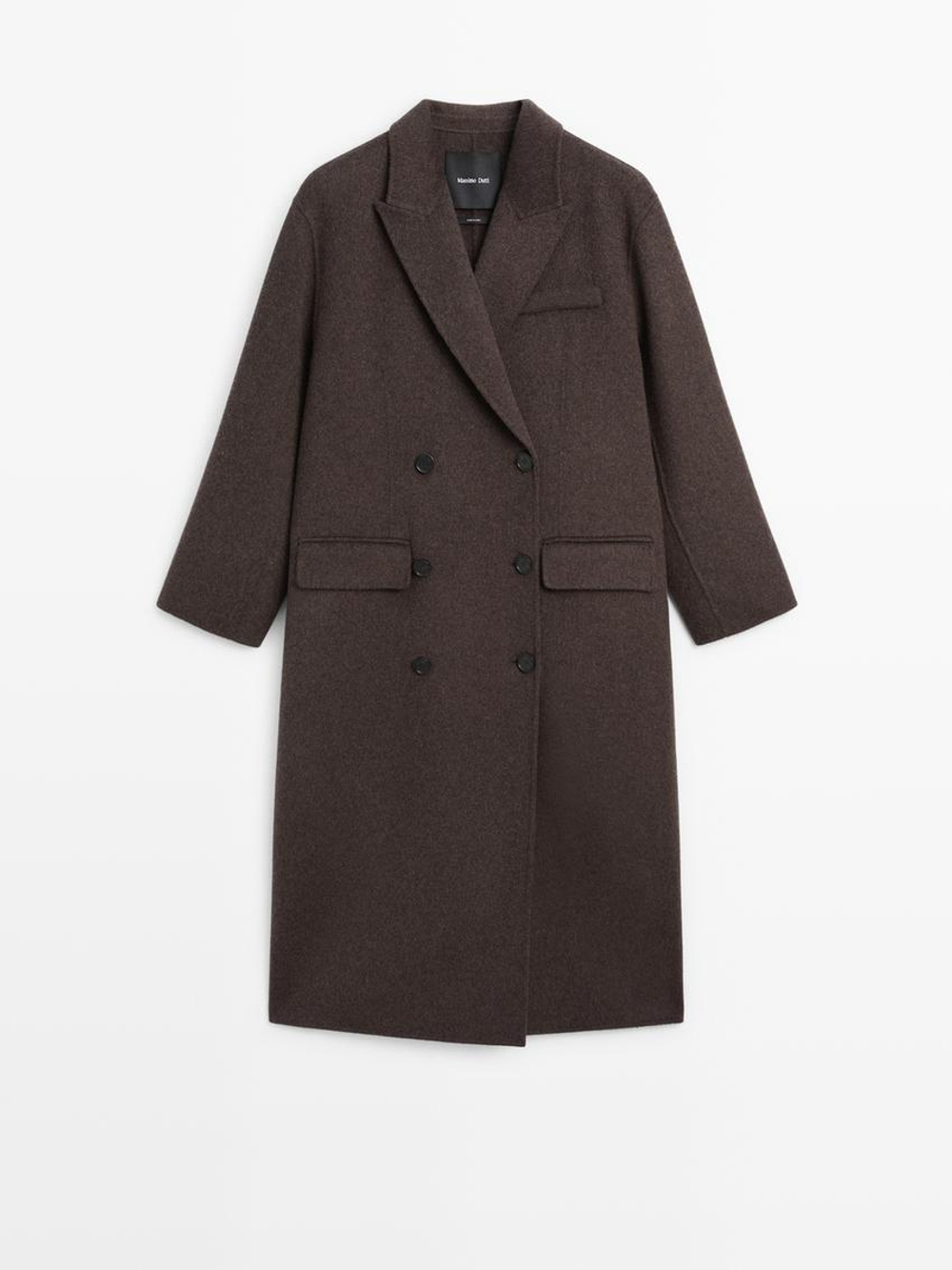 Massimo Dutti Длинное пальто внахлест из смесовой шерсти, коричневый