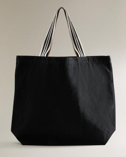 ZARA HOME ДВУСТОРОННЯЯ ПОЛОСАТАЯ ТКАНЕВАЯ СУМКА-ШОППЕР, ЧЕРНЫЙ