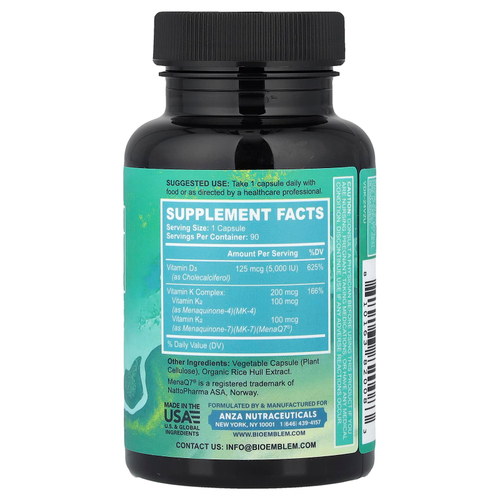 BioEmblem, витамины D3 и К2, 90 растительных капсул