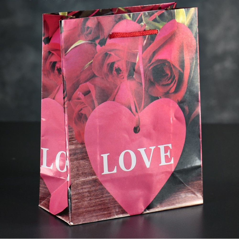 Подарочный пакет Love с розочками и сердечками - 23 х 18 см. (Цвет: красный)