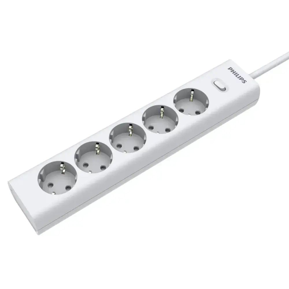 Сетевой фильтр удлинитель Philips CHP2155WA/51 с пятью стандартными розетками EU, с заземлением и защитой от перегрузок, 2 м, белый