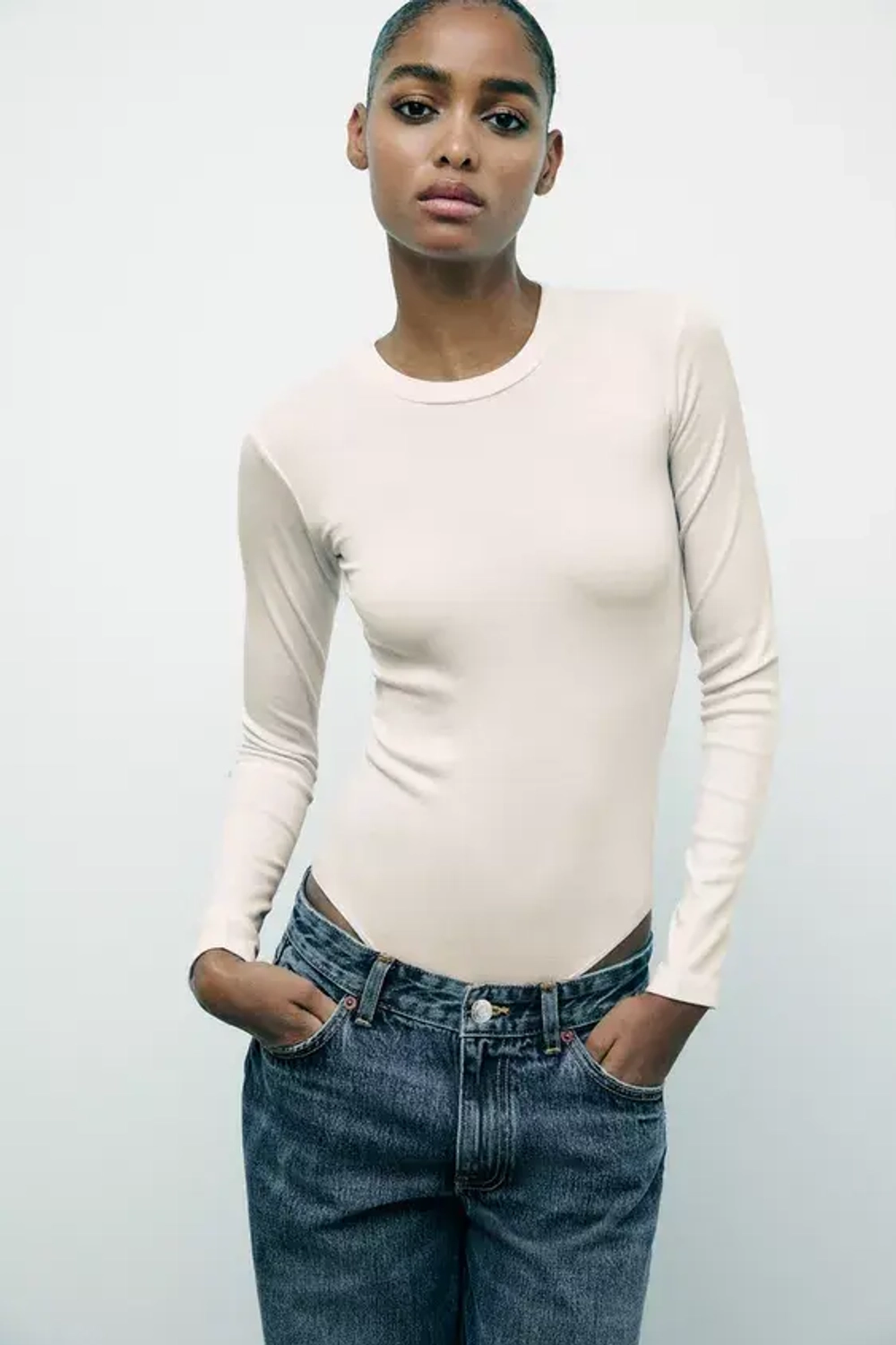 ZARA БОДИ ИЗ ХЛОПКА И МОДАЛА, ЭКРЮ