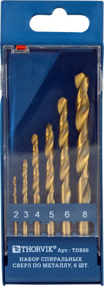 TDBS6 Набор спиральных сверл по металлу HSS TiN в пластиковом кейсе, d2.0-8.0 мм, 6 предметов