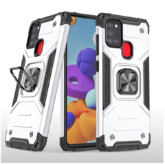 Противоударный чехол Strong Armour Case с кольцом для Samsung Galaxy A21s (Серебристый)