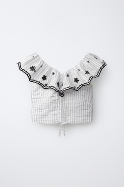 ZARA ТОП В ПОЛОСКУ С ВЫШИВКОЙ, ЧЕРНЫЙ/ЭКРЮ