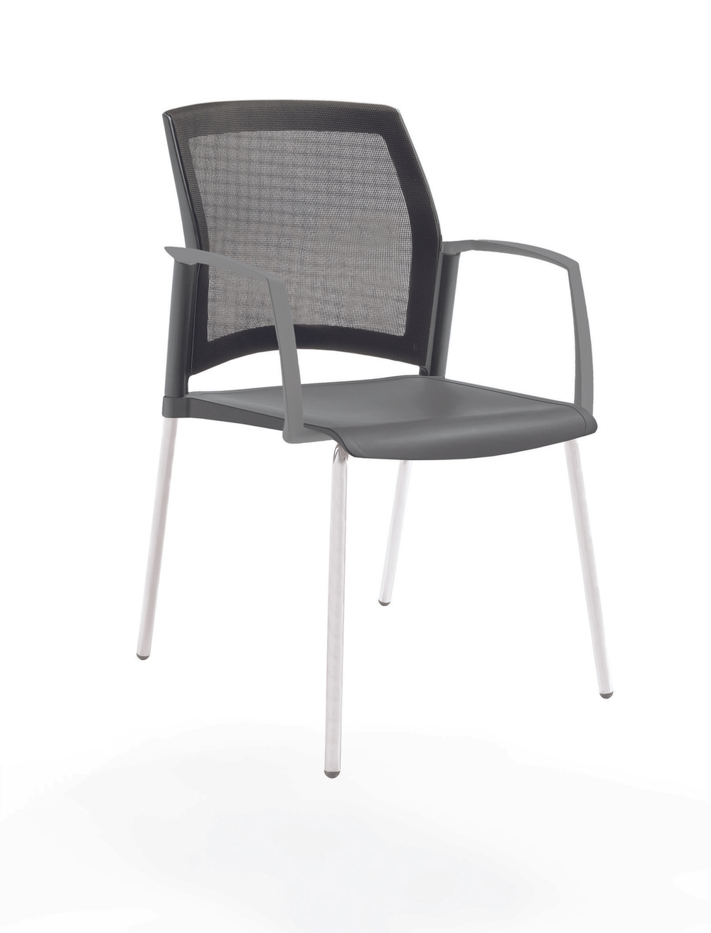 стул Rewind на 4 ногах, каркас белый, пластик серый, спинка-сетка, с закрытыми подлокотниками
