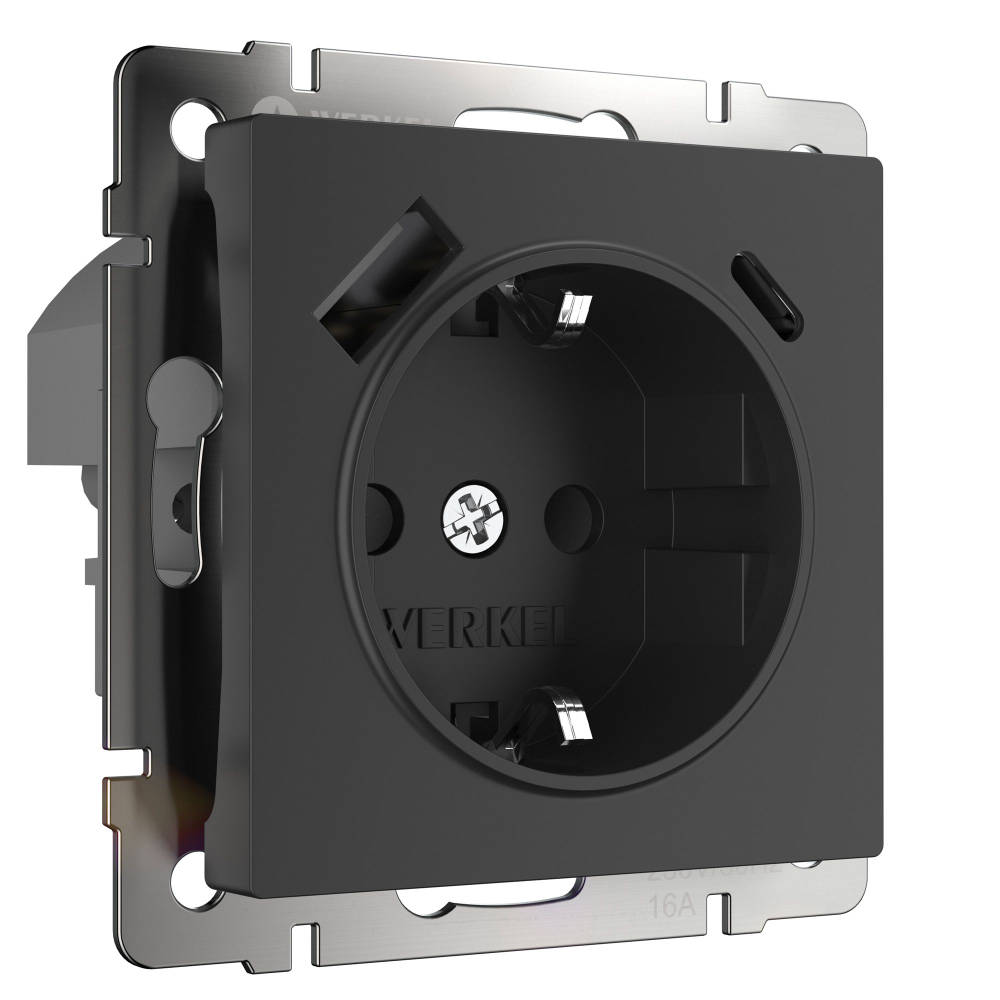 Розетка с заземлением, шторками и USB тип A+C (черный матовый) W1171708