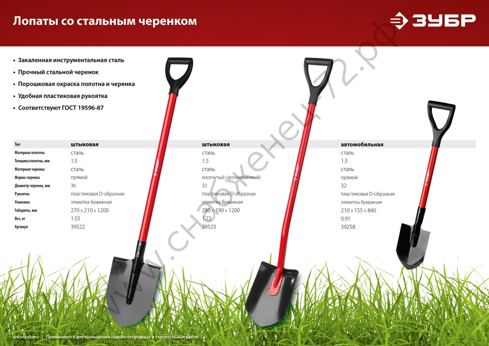 ЗУБР МАСТЕР, 210 х 155 х 840 мм, полотно 1.5 мм, закалено, стальной черенок с рукояткой, автомобильная лопата (39258)