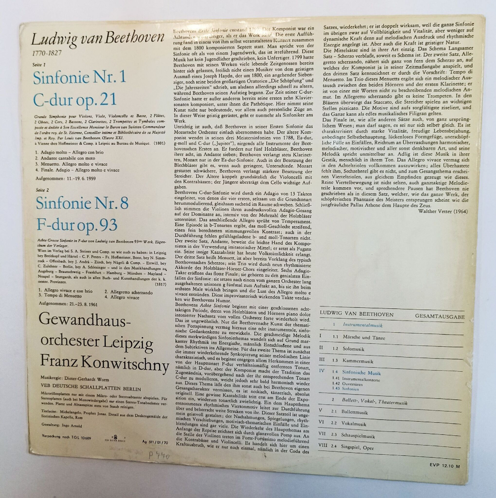 Винтажная виниловая пластинка LP Ludwig van Beethoven Л. Ван Бетховен, Sinfonie Симфония Nr. 1 C dur Op. 21, Sinfonie Nr. 8 F dur Op. 93 (ГДР 1974)