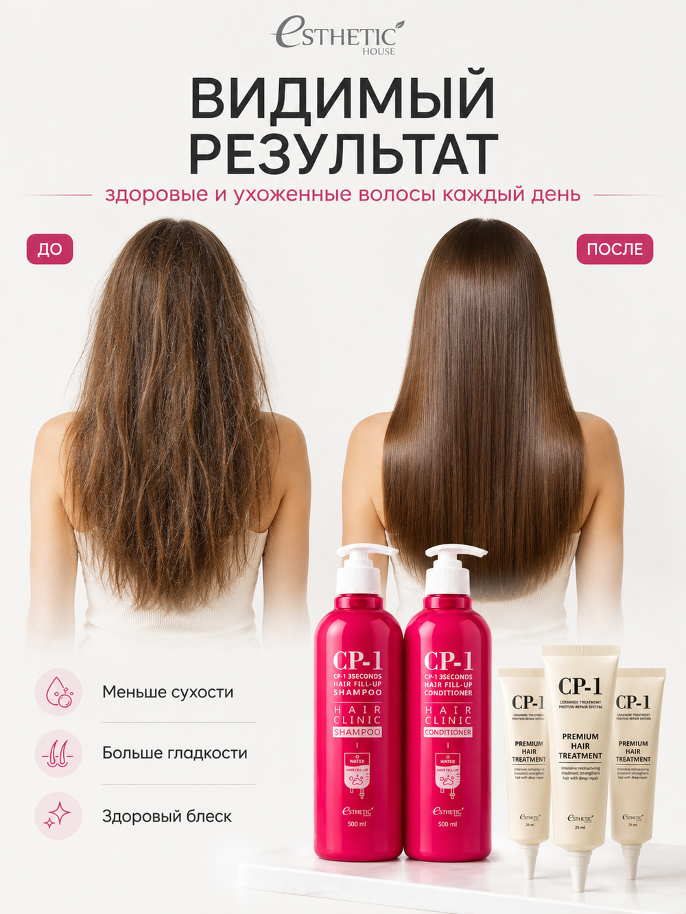 ESTHETIC HOUSE Набор шампунь и бальзам для волос Восстановление CP-1 3Seconds Hair Fill-Up 2х500мл, маски для волос ПРОТЕИНОВАЯ CP-1 Premium Hair Treatment, 25мл*3шт