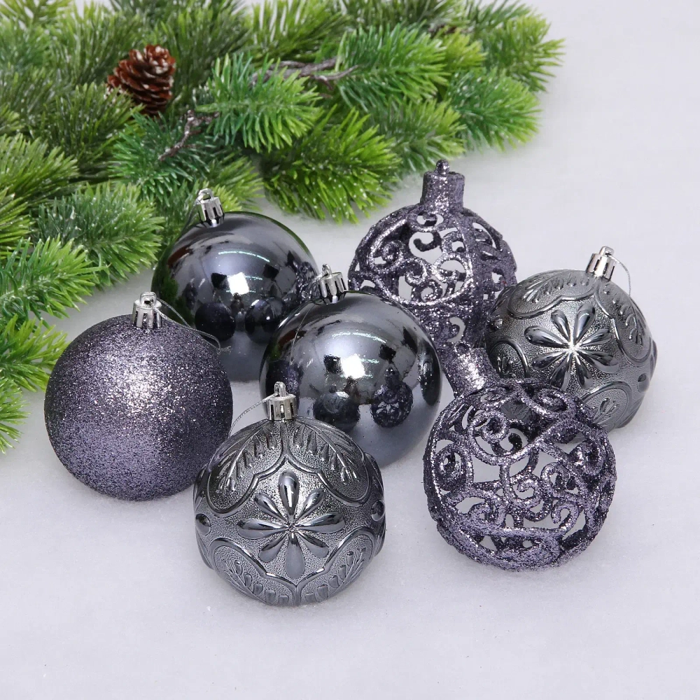 Новогодние шары 8 см (набор 24 шт) «Фактурный микс», графит