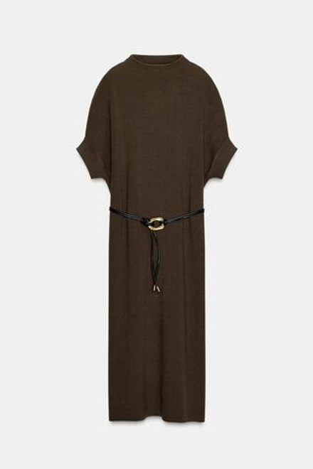 ZARA ТРИКОТАЖНОЕ ПЛАТЬЕ С РЕМНЕМ, СЕРО-КОРИЧНЕВЫЙ
