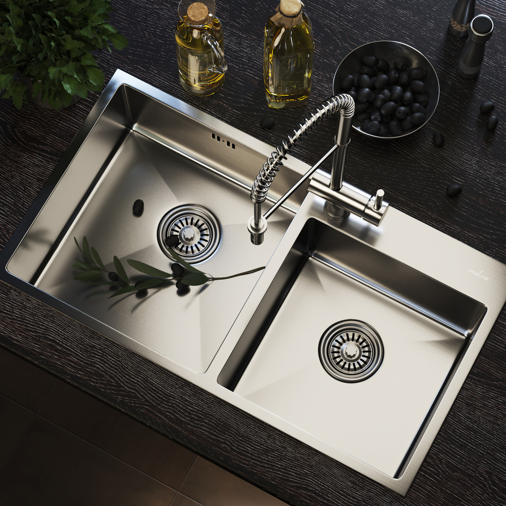 Мойка настол.монтаж 72х40 (3,0) 2-х ЧАШЕВАЯ вып 3 1/2  MIXLINE PRO 22см с сифоном (сатин)