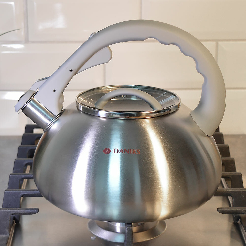 Чайник 3л нерж со свистком, матовый, логотип меняет цвет, ручка с силиконовым покрытием, "Daniks" DS