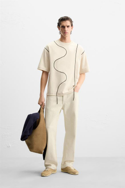 ZARA ФУТБОЛКА С КОНТРАСТНЫМ ШНУРКОМ, КАМЕННО-СЕРЫЙ