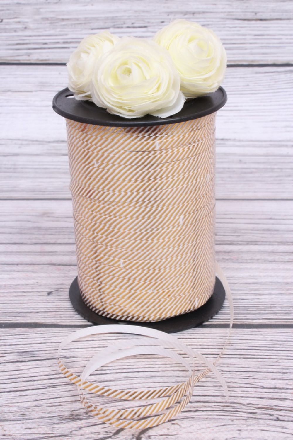 Лента (0,5 см*228,6 м) Диагонали, Белый/Золото, Металлик, 1 шт.