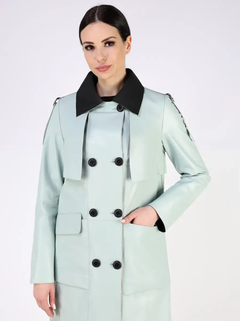 Кожаный тренч длинный с поясом плащ на осень