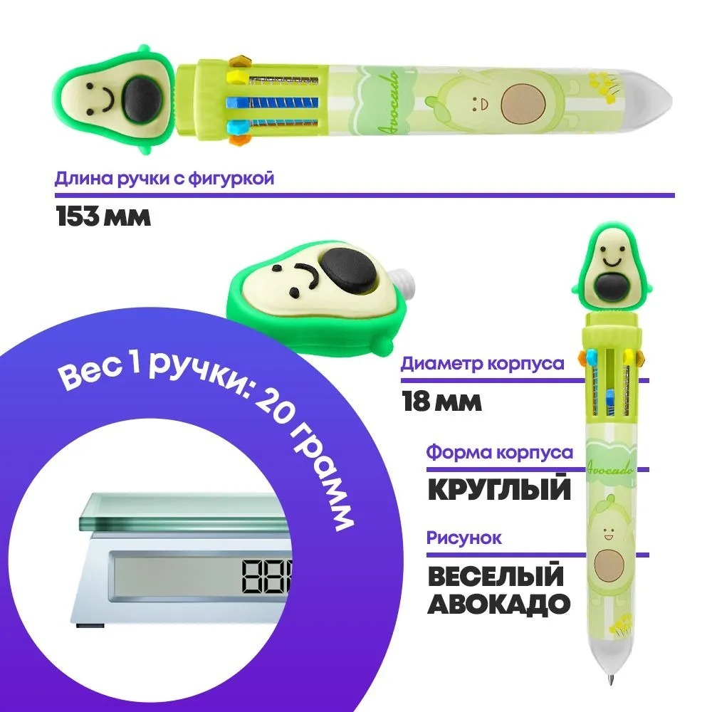 Ручка шариковая автоматическая 10 в 1 с фигуркой Авокадо, MC-Basir, авторучка канцелярская детская 10 цветов с резиновой игрушкой