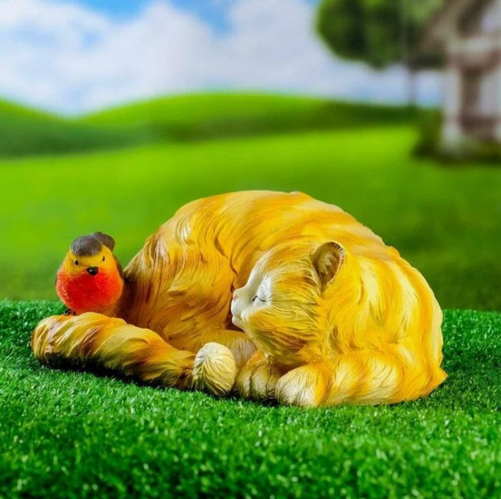 Фигурка Кошка спящая с птичкой