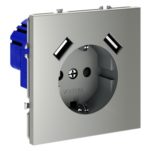 Розетка встраиваемая VOLTUM S70 с заземлением и защитными шторками, 16А, с USB, A+A, (сталь)
